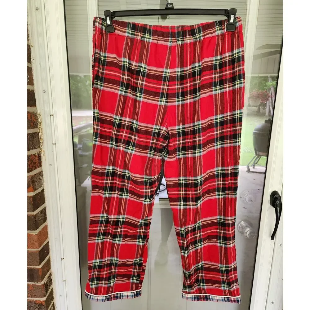 Lands' End Womens XLarge 100% Cotton Flannel Red Plaid Pajama Set Pockets
